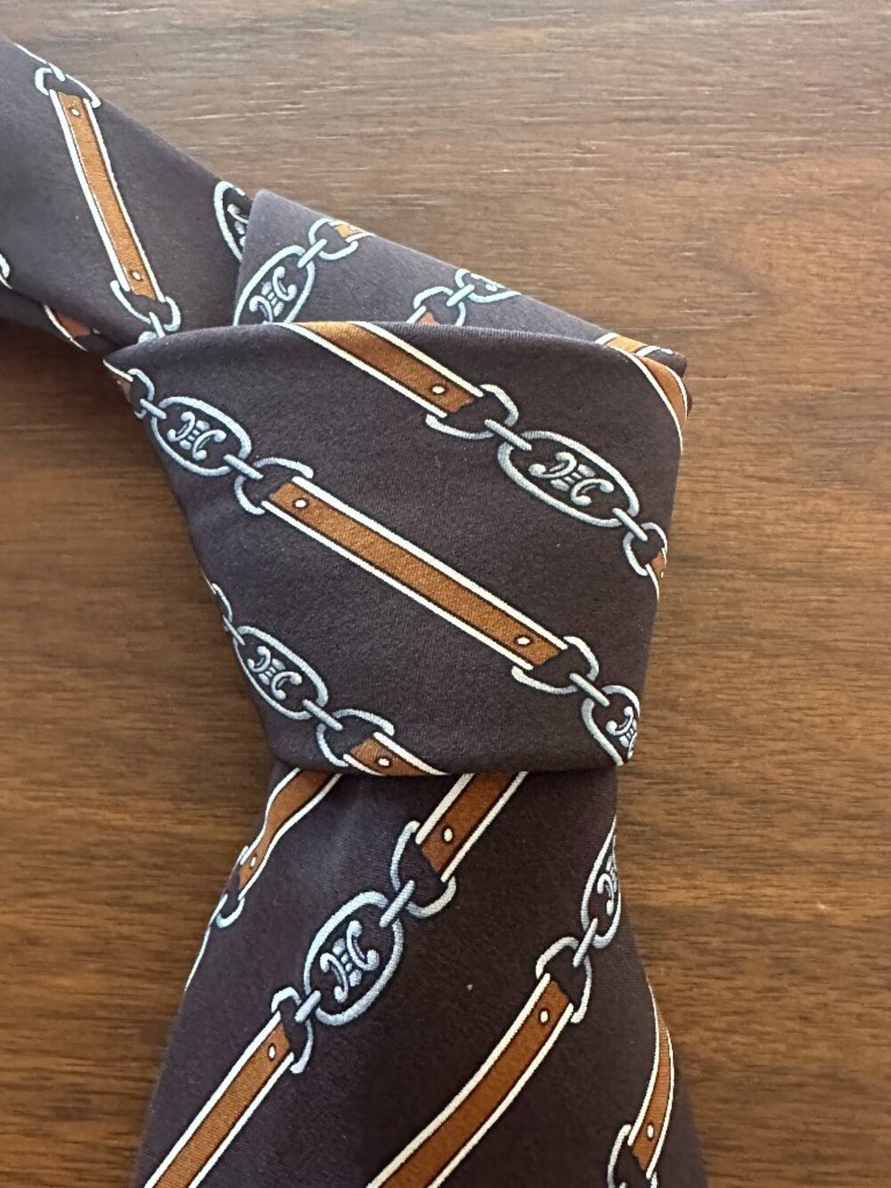 Celine Brown Gold Chain Print Silk Tie